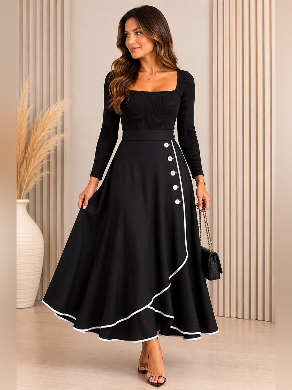 Elegant Black High-Waist Midi Skirt
